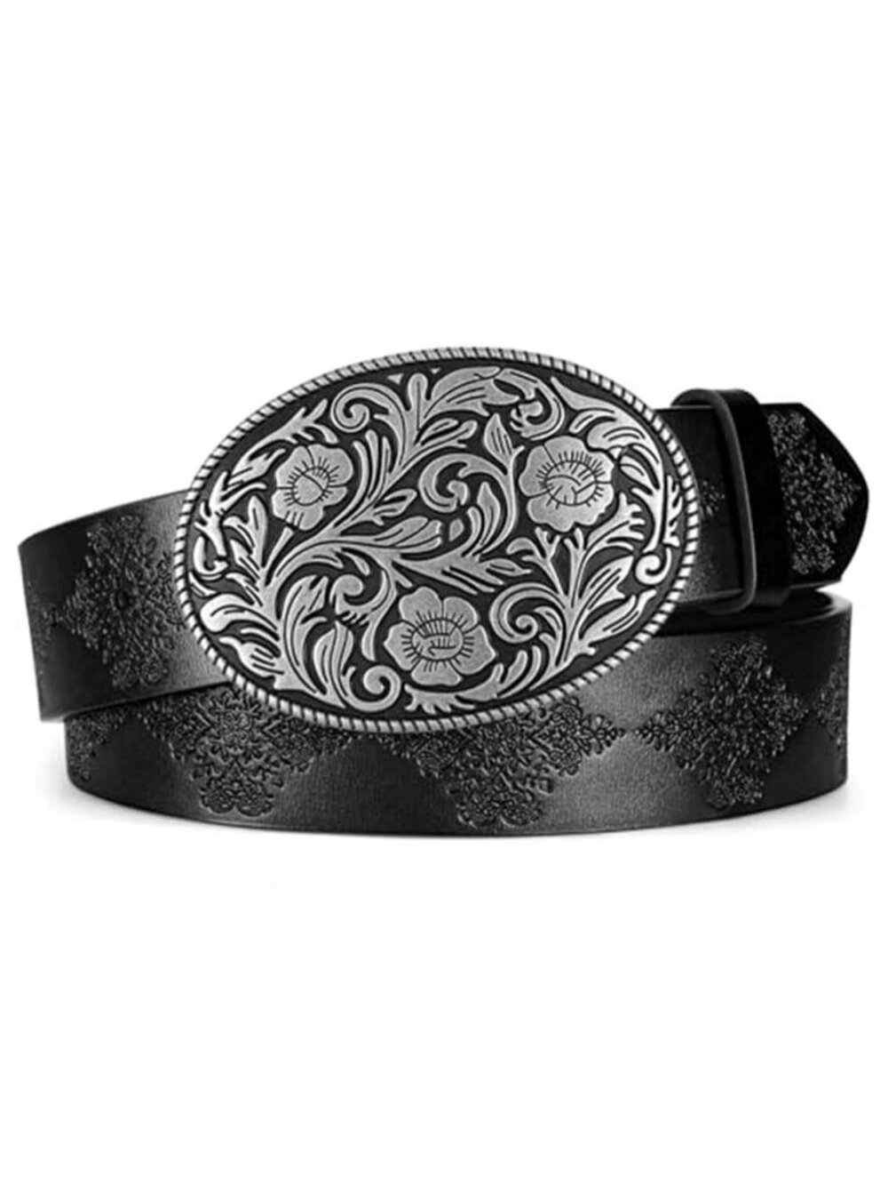 Western Belt for Women Men Cowgirl Cowboy Embossed Belts Vintage Floral Buckle